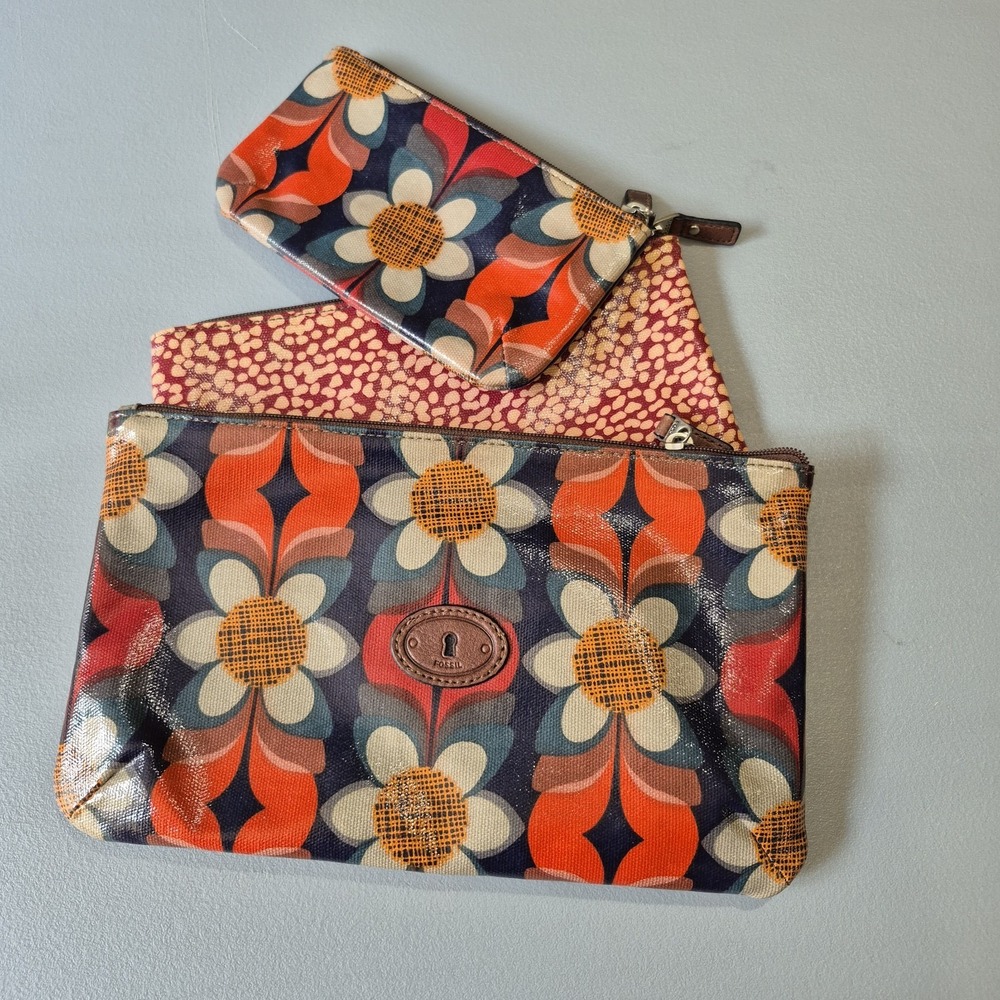 Vintage Fossil Cosmetic Clutch Bag Set Key-Per Coated Canvas Geometric Floral